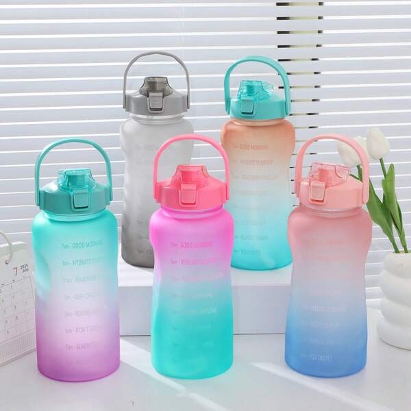 Large Capacity Gradient Color Sports Water Bottle With Time Scale Reminder, Portable Handle + Straw Design, Convenient For Fitness And Daily Hydration