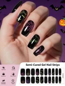 20 Tipps halb-gehärtete UV-Gel Nagelfolien, Gothic Halloween Spinnenweben, Geister und Kürbis Designs Kristall Nagel Sticker, selbstklebende Full-Wrap Nail Art, muss mit UV-Lampe verwendet werden, einfach anzubringen und zu entfernen. Ideal für Frauen und Mädchen für Halloween Party DIY Nail Art