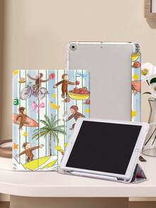 Blue And White Stripes And A Monkey IPad Case Compatible With IPad Air 4/5 10.9 Inch, IPad 7/8/9th 10.2 Inch, Built-In Pencil Slot Compatible With Samsung Tab S6 10.4 Inch, Tab A7 Lite 8.7 Inch, Ins Style Leather Case, Back To School, Valentine's Day, New Year Gift