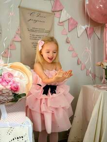 Young Girl Ruffle Bow Tulle Party Dress, Princess Cake Dress For Easter, Birthday, Wedding, Holiday Celebration, Flower Girl Occasion Outfit