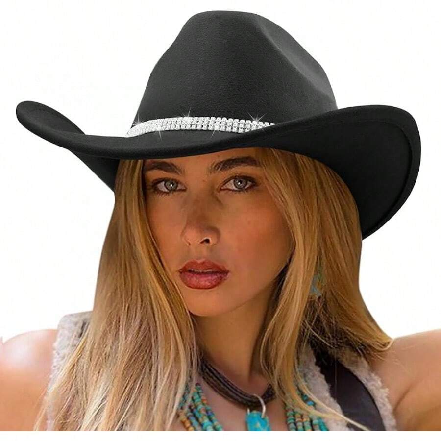 Classic Western Felt Cowboy Hat With Wide Brim For Outdoor Use - 1 Paket Gaya 7: Hitam Berkilau - View 1