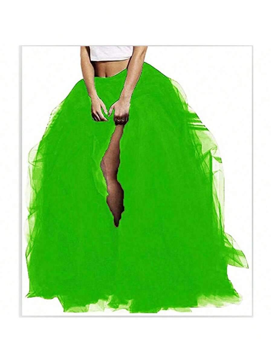 Women's Tulle Maxi Skirt Vestidos De Fiesta Elegantes Floor Length Layered Elastic High Waist Split Skirt A-Line Puffy Lace Mesh Tutu Skirt - 綠色 - 查看 1