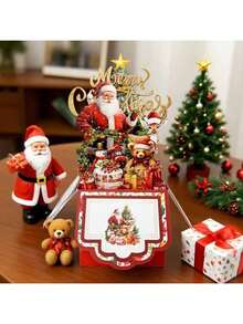 1PC Holiday Christmas Card, Retro 4-Layer Christmas Card With Santa Claus, Reindeer, And Tree Design - Red Paper Holiday Card With Envelope, Suitable For Friends And Family's Holiday Party Invitations, No Battery Required, Christmas Card Home Decor Christmas Decorations Room Decor Winter