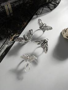 4pcs/Set Gothic Style Skull, Bat, Butterfly Design Rings, Personalized Fashion Metal Bee Element Rings, Jewelry Set For Women To Wear Daily And Festivals - Antique Silver - View 6
