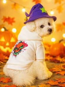 1pc Pet Clothes, Dog/Cat Apparel, New Hooded Sweatshirt, Halloween Series, Flame Skull Design, White