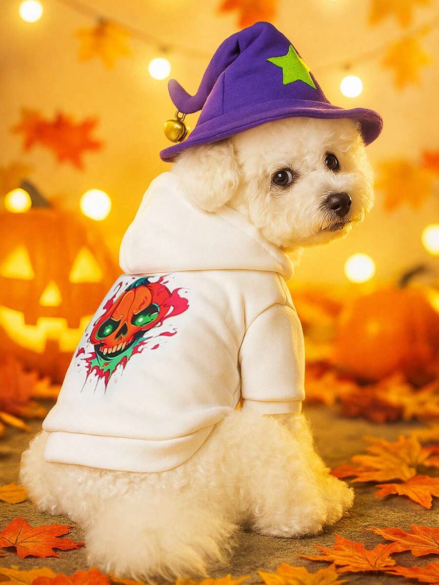 1pc Pet Clothes, Dog/Cat Apparel, New Hooded Sweatshirt, Halloween Series, Flame Skull Design, White