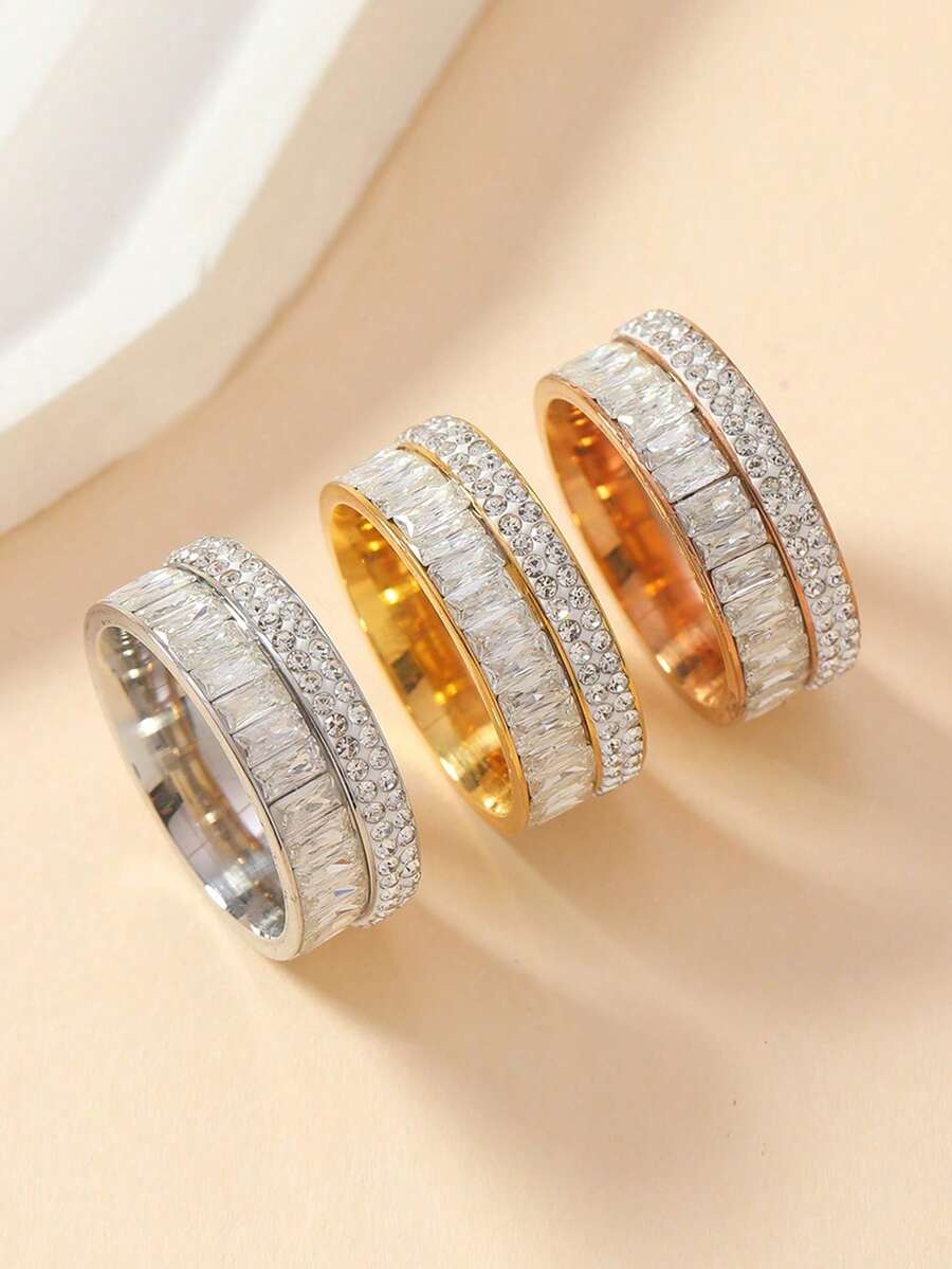 1pc Luxurious, Palace Style, Extremely Dazzling, Diamond & Cubic Zirconia Encrusted, Titanium Steel Couple Ring, Suitable For Daily Wear, Weddings And Parties