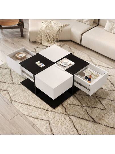 Moderne Coffee Tafel Zwart Wit 70*70*35.5 Drawers, Square Living Room Storage Space, High Gloss Zachte Drawer Rails view 4