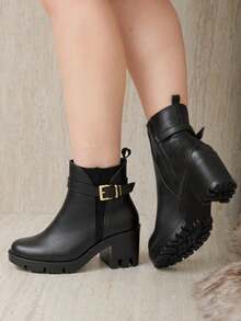 Botines para mujer de piel sintética, punta redonda, correa con hebilla metálica, plataforma gruesa y tacón ancho, estilo británico para oficina y uso casual - Negro - Ver 2