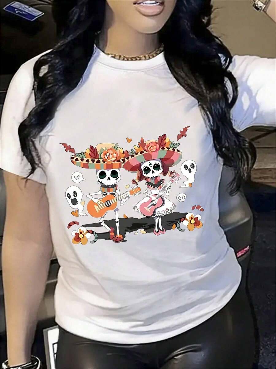 Camiseta Gráfica de Día de Muertos para Mujer – Diseño de Esqueleto Vibrante, Mezcla de Algodón Suave y Transpirable, Cuello Redondo Casual, Regalo Perfecto para Ella, Negro con Estampado de Corona Floral Colorida y Guitarra, Ropa Festiva para Día de Muertos | Cómoda - blanco - Ver 1