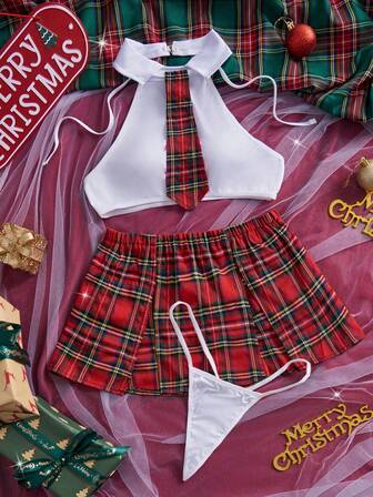 四件套圣诞性感内衣礼盒，女士性感内衣套装，系领无袖上衣，开衩格子迷你裙，纯色丁字裤，角色扮演舒适家居服诱惑内衣套装