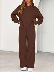 Womens Sweatsuits 2 Piece Set Casual Winter Long Sleeve Hoodie Loose Wide Leg Sweatpants Fall Tracksuit Spring Fall Clothes For Women Valentine Vacation Outfits Women - 棕色 - 查看 4
