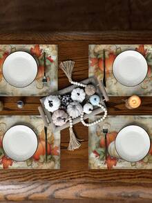 1/4/6 pièces Nappes rectangulaires en lin avec feuilles d'érable et citrouilles d'automne pour la Thanksgiving, lavables en machine, décoration de table tressée jaune et grise, pour salle à manger, maison, cuisine, banquet, café