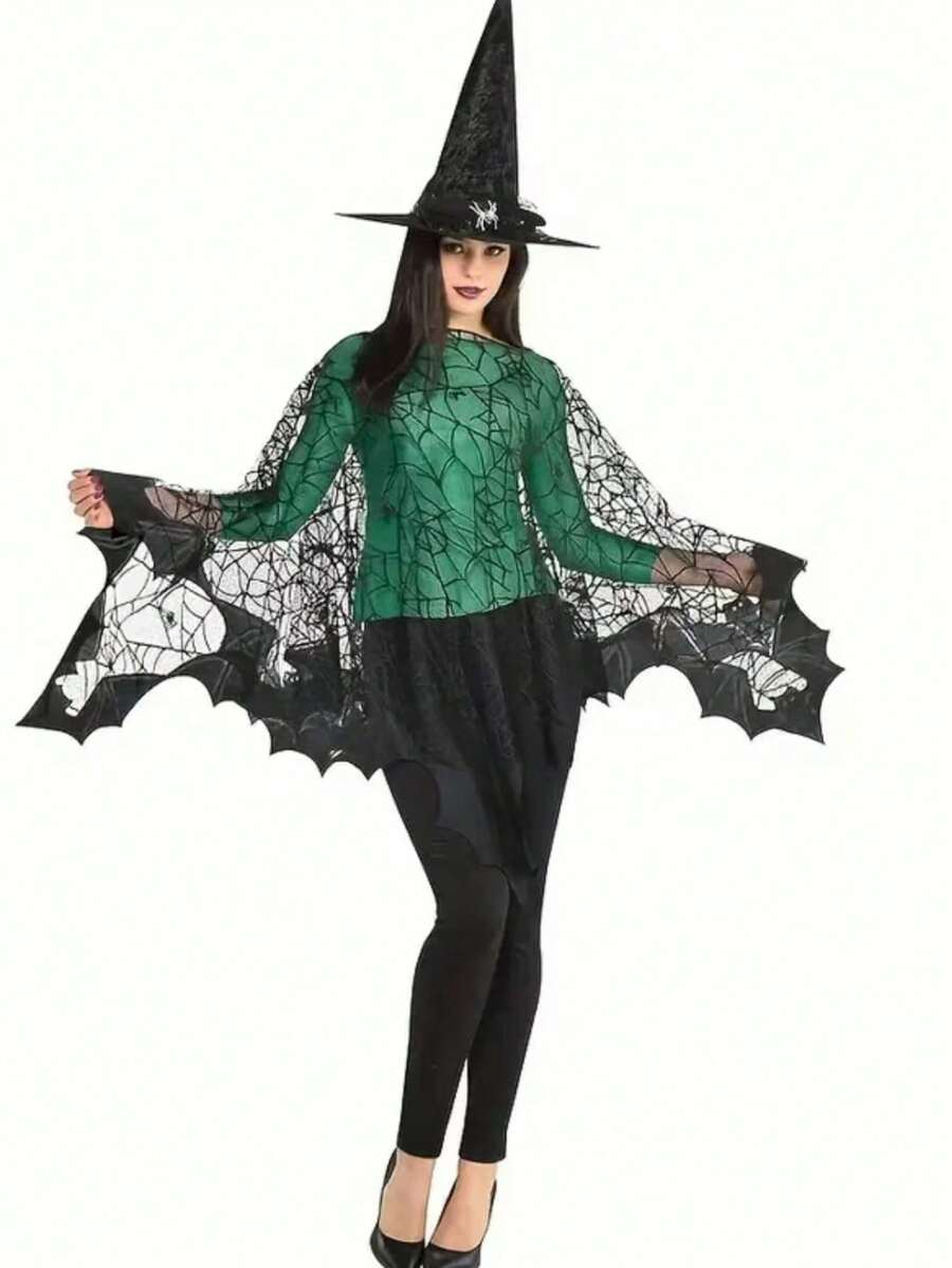 1 Piece Of Halloween Spider Web Bat Cape, European And American Black Festival Shawl Cape, Warp Knitted Costume Props - A - View 1