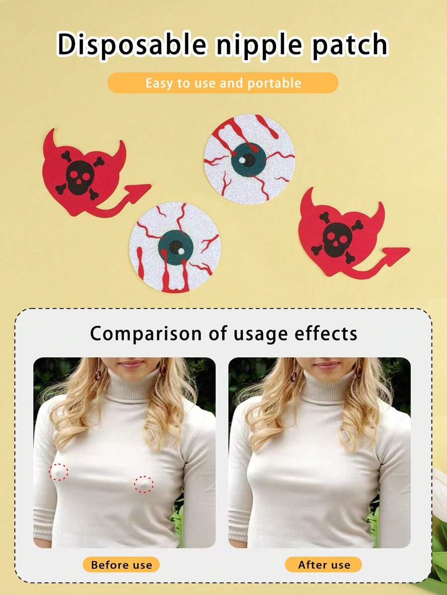 6 Stücke /4 Stücke /2 Stücke Einweg-Brustwarzenaufkleber für Halloween, rund - unsichtbar, selbstklebend, Anti-Vorwölbung Brustaufkleber für Frauen - bequem, Einweg-BH-Zubehör, Roter kleiner Teufel, Teufelsauge, Totenkopf