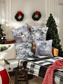 4pcs Golden Christmas Tree Pattern Pillow Set - Soft And Comfortable Polyester With Zipper Design, Machine Washable, Suitable For All Room Types (Excludes Insert) - Sizes: 15.7x15.7, 17.7x17.7, 19.7x19.7Inches - Silver - View 4