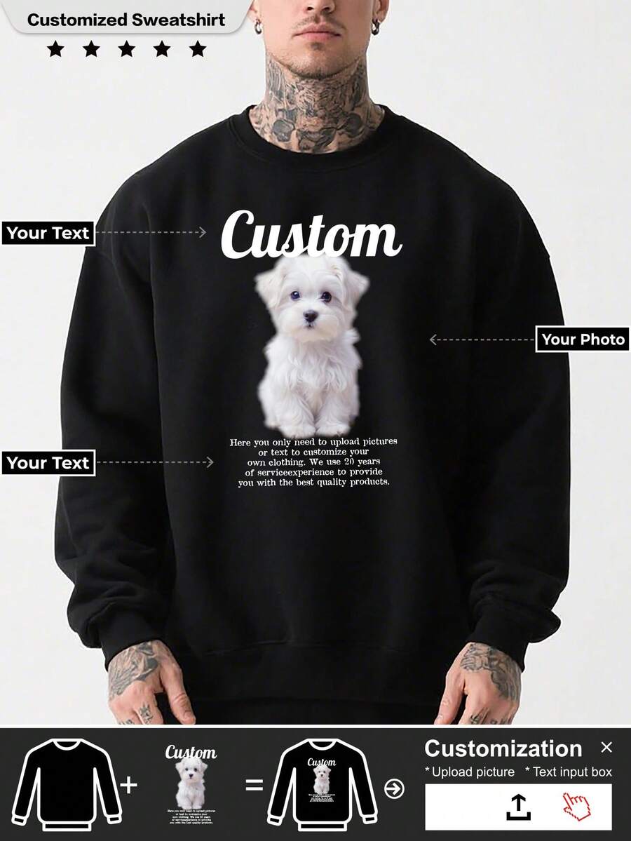 男士定制加厚圆领卫衣，可印制您自己的照片/标志，是送给情侣、家人、宠物或冬季礼物的完美之选。 - 黑色 - 查看 1