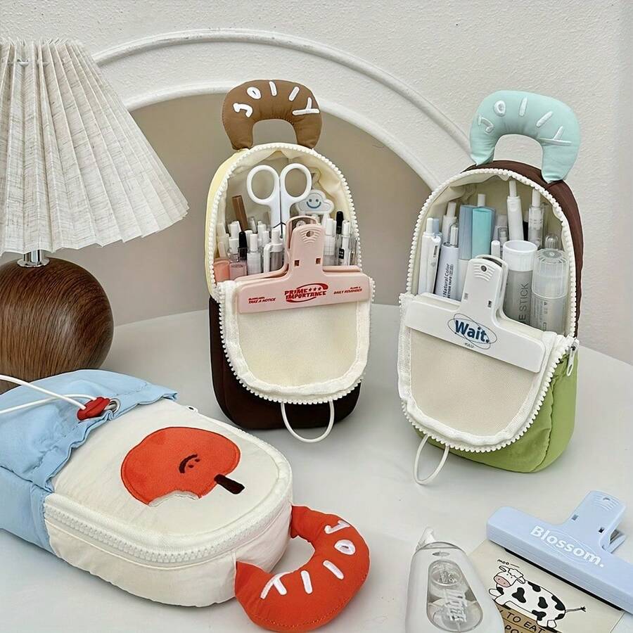 1pc Cute Large Capacity Stationery Storage Pouch With Front Pocket - Soft Fabric For School, Office, Travel Pencil Case - Beige/Soft Color, Suitable For Students, Teachers, Professionals, Portable Desktop Organizer, Office Supplies Storage, Fun Accessory, Convenient Maintenance