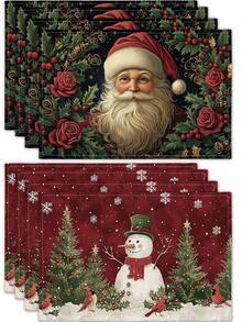 Christmas Santa Claus & Snowman Linen Placemats, Heat Insulation Pads, Food Mats, Restaurant Supplies, Restaurant Decor, Outdoor Picnic Mats, Holiday Gifts, Suitable For Restaurant, Kitchen, Outdoor, Picnic, Holidays