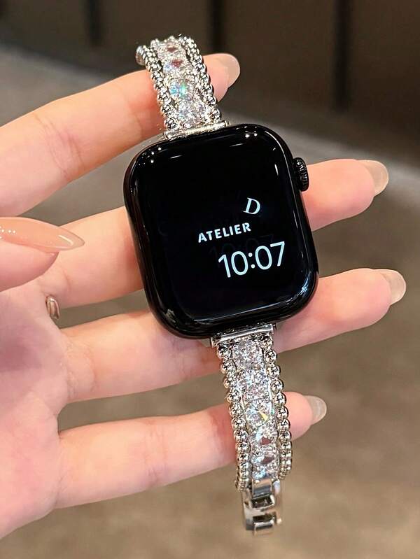 1pc Apple Watch Band Apple Watch Strap Women, Silver Zirconia Bracelet Strap, Compatible With Apple Watch Strap Ultra/10/8/9/7/6/5/4/3/2/1 Series, Compatible With Apple Watch Strap 38/40/41/42/44/45/49/46mm, Ladies Fashion Luxuriant Bracelet Accessories, Smart Watch Wristband