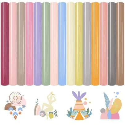 15片12英寸x10英寸中性色调波西米亚风热转印乙烯基贴纸，包含多种颜色乙烯基贴纸套装，共15种颜色，可用于熨烫T恤、衣服、帽子、包包和DIY工艺品。