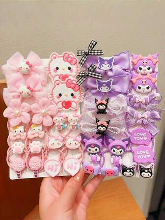 Sanrio 16/18 st Hello Kitty, Kuromi, Melody tecknat mönster hårspännen för barn, elastiska håraccessoarer, OPP-påseförpackning, vissa accessoarer kan vara slumpmässiga