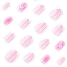 White French Tip Press On Nails Short Square Fake Nails With 3D Flower Charms Design Glue On Nails Cute False Nails Glossy Full Cover Stick On Nails Summer Acrylic Nails For Women Manicure 24Pcs - 漸層白粉色 - 查看 4