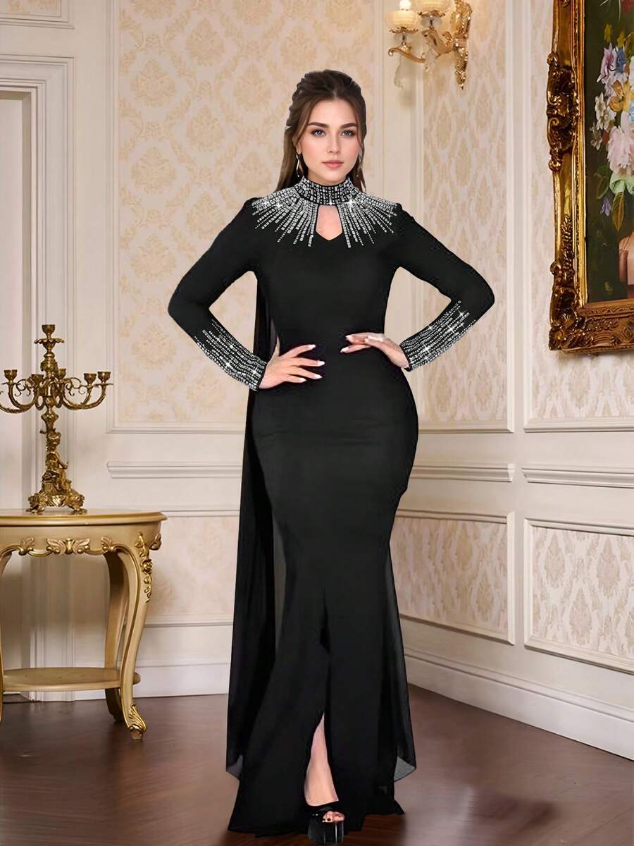 Elegant Women Sparkly Rhinestone Long Sleeve Dress Birthday Party - Black - View 1
