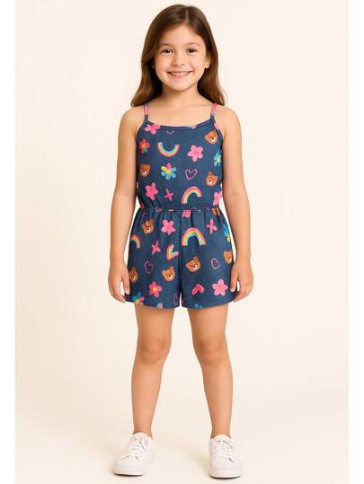 Macaquinho Infantil Juvenil Menina Crepe Estampa Ursos e Flores Verão