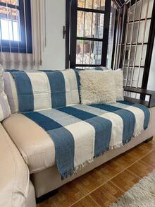Manta Para Sofá Decoração Sala Elegante Casa Nova Poltrona 2.10x1.20 Promoção Barato - Azul Mesclado C/ Crua - Visão 2