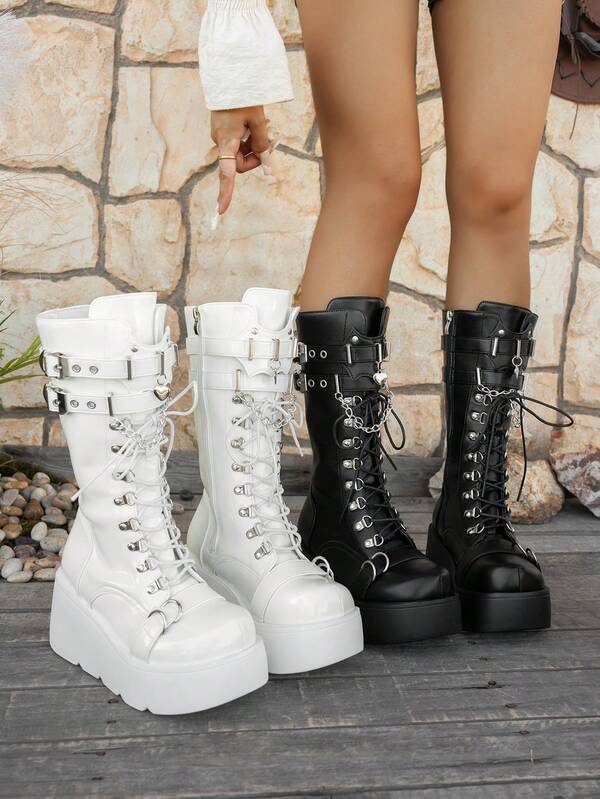 Women's Fashion Fall / Winter 2025 Punk Style Thick Bottom Round Head Side Zipper Black Leisure Middle Boots, Women's Fashion Adjustable Buckle Flat Boots, Women's High-End Outdoor Work Leisure Light Anti-Skid Knee Boots, Women's Polyurethane Integrated Heightened Soft And Comfortable Boots, Halloween Female College Students' Outdoor Sports Must Have Heel Slim Versatile Heightened Chain Boots