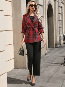 Chaqueta elegante de tweed rojo y verde navideño con cintura ceñida y botones dorados para uso diario, de doble botonadura a cuadros para mujer