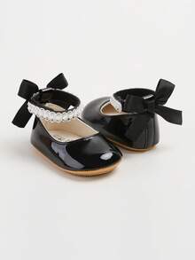 婴儿/新生儿玛丽珍平底鞋 - 婴儿学步鞋，柔软橡胶鞋底，公主风婚鞋 - 黑色 - 查看 7