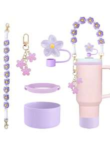 5 Piezas de Accesorios para Tazas - Tapa con Pajita Antifugas 2 en 1 y Juego de Botas & Cadena de Flores & Correa de Transporte con Flores para Tumblers de 30/40oz | Funda de Silicona | Sorbos a Prueba de Derrames para Senderismo, Trayectos y Portavasos de Coche (Rosa/Morado/Blanco)