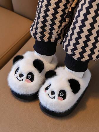 A Pair Of Cute Cartoon Panda Autumn And Winter Children's Plush Slippers, Casual, Comfortable, Non Slip, Soft Bottom, Home Fashion Slippers