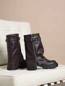 Personalità della moda femminile all-match: stivaletti marroni con suola spessa e stivali da lavoro con fibbia laterale - Castano - Visualizzare 4