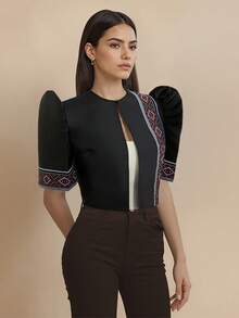 Amyenjoylife Modern Filipiniana Summer Women's Elegant And Fashionable Temperament Patchwork Bubble Sleeve Short Sleeved Top