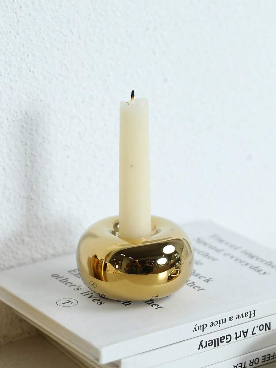 1pc Luxury Creative Gold Round Ceramic Candle Holder, Modern Minimalist Home Decor, Easter Prop, Candle Stand, Wedding Tabletop Decoration