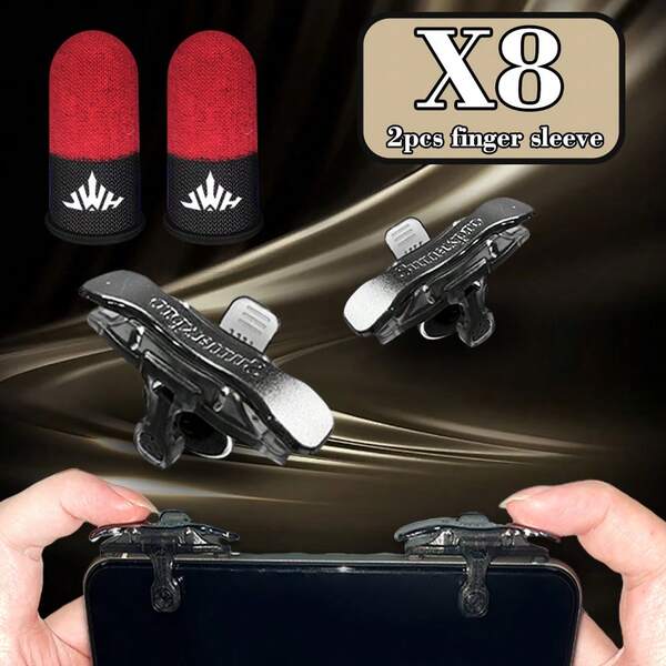 1 Set de 8 controladores de juego móvil, joystick, botones y gatillos, adecuado para asistente de juego + 2 piezas de mangas de dedo de fibra de carbono para juegos móviles, sensibles al disparo y apuntado, adecuadas para todos los juegos de disparos