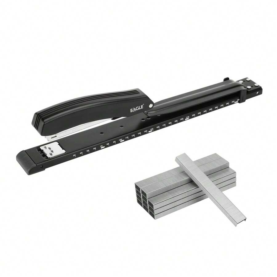 Eagle Long Reach Stapler With 5000 26/6 Staples, Full Strip, 20 Sheet Capacity, With Built-In Ruler And Adjustable Locking Paper Guide, Black