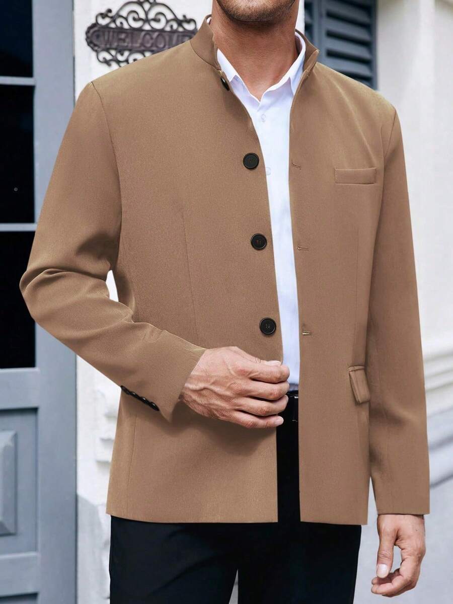 Mens Casual Suit Blazer Jackets Stand Mandarin Collar Lightweight Lined Sport Coats Business Coats - 駝色 - 查看 1