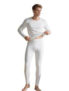 A 2-Piece Men's Winter Fleece Warm Tight Round-Neck Long-Sleeved Top And Thick Fleece Lining Warm Pants Set - White - View 4