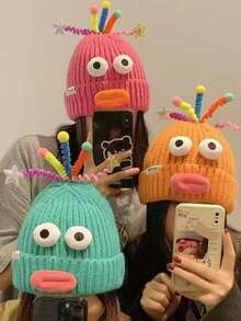 1pc Cute Cartoon Novelty Beanie Hat, Warm Ear Protection Knitted Cap, Suitable For Christmas, Parties, Unisex