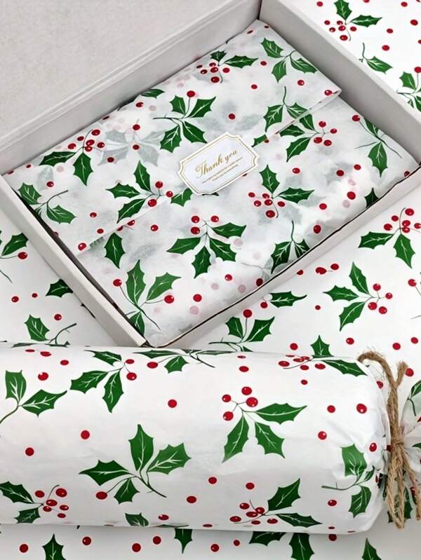 5/10/20 Green Christmas Leaf And Red Berry Pattern Thin Paper, 19.69 Inches X 13.78 Inches Gift Wrapping Paper, Suitable For Wedding, Christmas, Birthday Gift Packaging, Bouquet Filling, Party Gifts