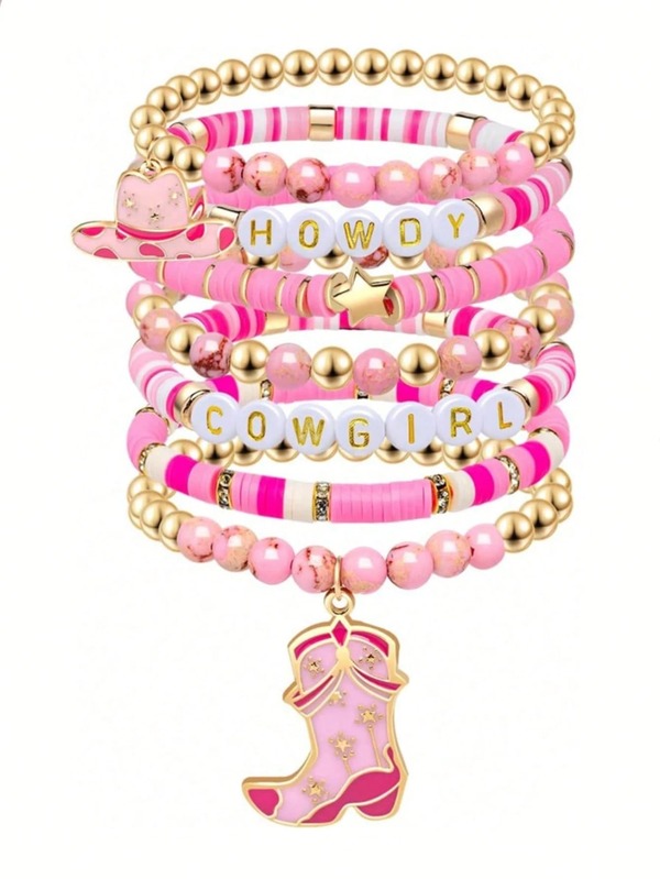 7Pcs Cute Western Cowgirl Beaded Stretch Bracelets Set, Stackable Cowgirl Hat Boot Pendant Accessories, Jewelry For Women's Daily Wear&Western Vacation