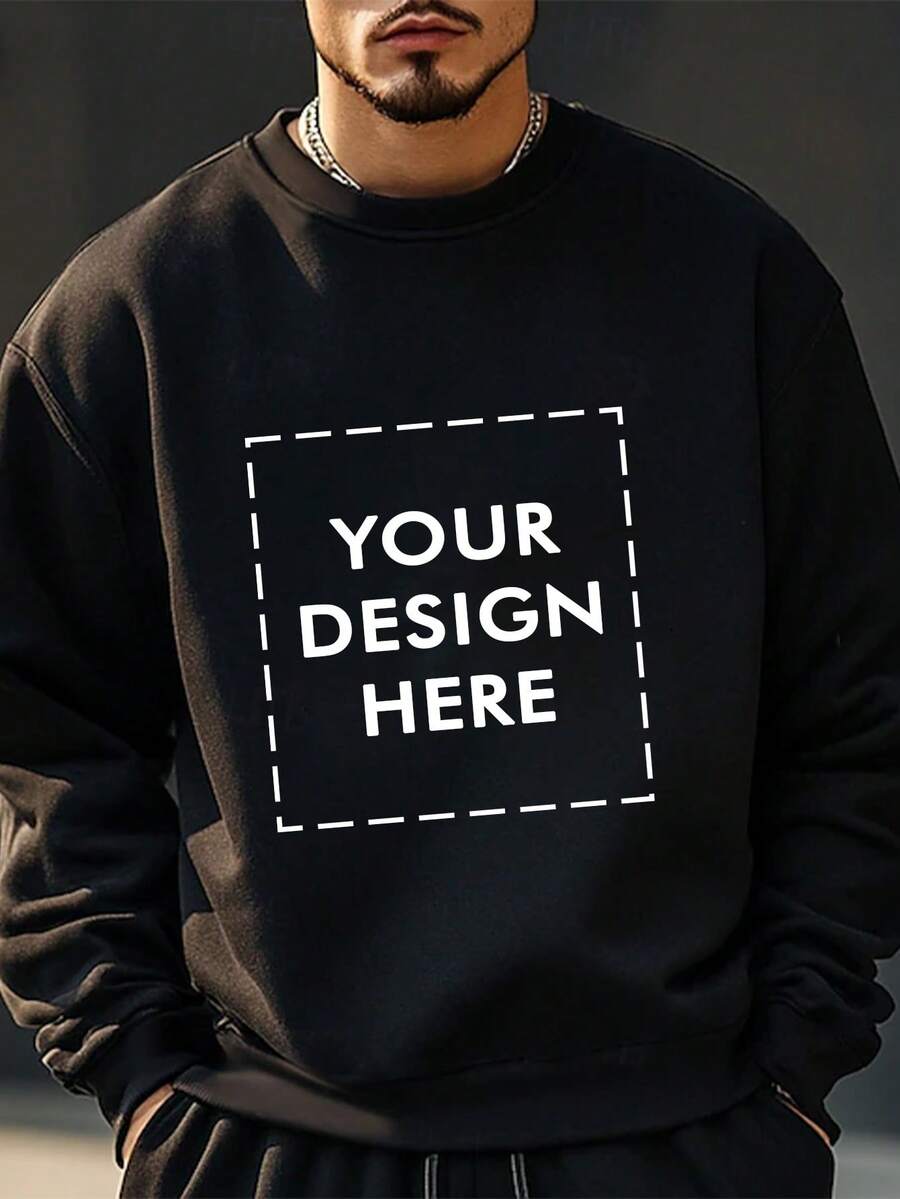 Customized Men's Printed Fleece Crew Neck Sweatshirt For Autumn/Winter - Personalized Pet And Couple Hoodies, Unique Anniversary Or Birthday Gift, Comfortable Polyester Fabric, Long Sleeve, Casual Style - Black - View 1