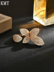 KMT 1pc Copper Inlaid Cubic Zirconia Flower & Leaf Elegant Chic Open Ring, Suitable For Party, Daily Wear, Gift - Gold - View 8
