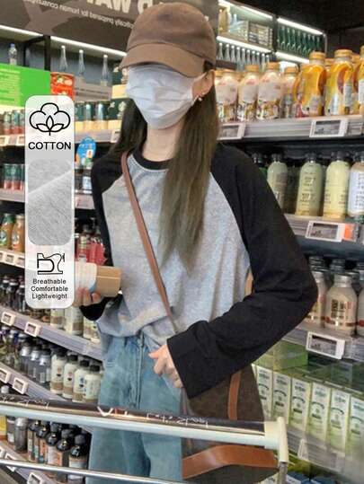 Women's All-Match Raglan Sleeve Contrast Color Loose Fit Casual Everyday Commute Ribbed Knit Long Sleeve T-Shirt