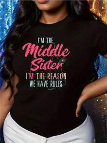 Women's Fashion T-Shirt, Fun Graphic Design "Middle Sister" - Soft Cotton, Crew Neck, Short Sleeves, Casual Women's T-Shirt - Summer Tops, Outdoor Summer Sports Basic - Black - View 1