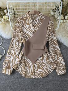 Women's Fashion Commuter 2 In 1 Zebra Print Patchwork Shirt Spring - Brown - View 3